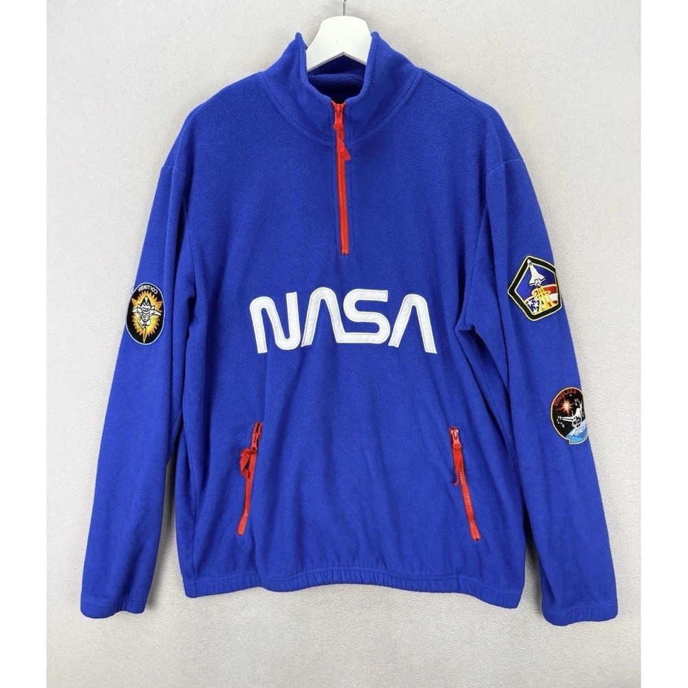 Chemistry Men's Sz L Blue NASA USA Flag Sleeve‎ Patches 1/4 Zip Fleece Sweater